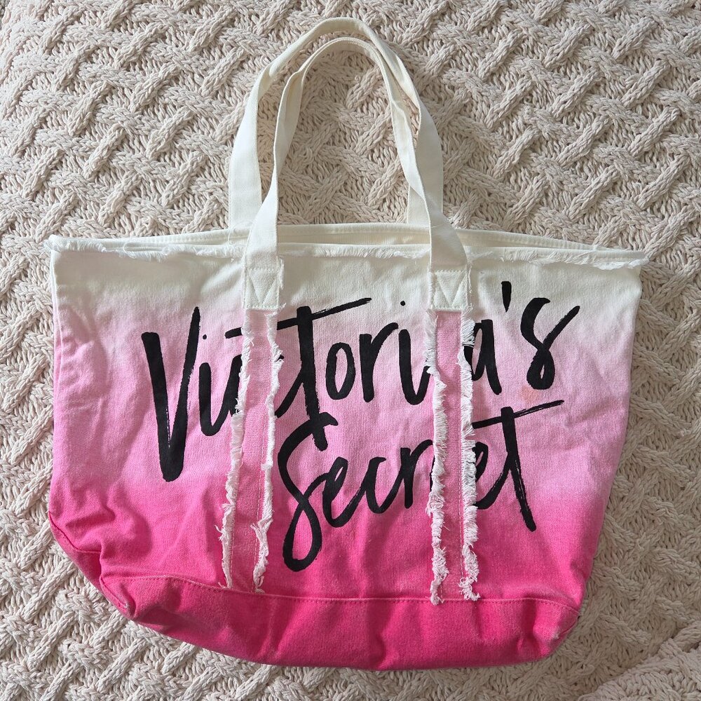 Victoria's Secret Pink And Off-White Ombre Canvas Tote Bag Beach Weekend Travel